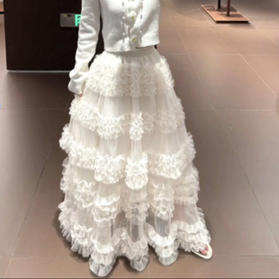 杏色高端网纱半身裙女秋冬季 高腰遮胯层层蛋糕裙a字长裙 2025新款