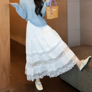 度假风镂空a字长裙子 新款 白色蕾丝拼接半身裙女春夏装 2026年春季
