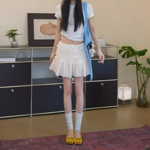 韩系温柔风奶油白流苏提花半裙女夏季 包臀半身短裙 雪纺荷叶边短款