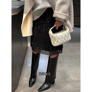 亮片闪闪新年半裙高腰松紧A字重工亮片毛呢五分半身裙女直筒裙子