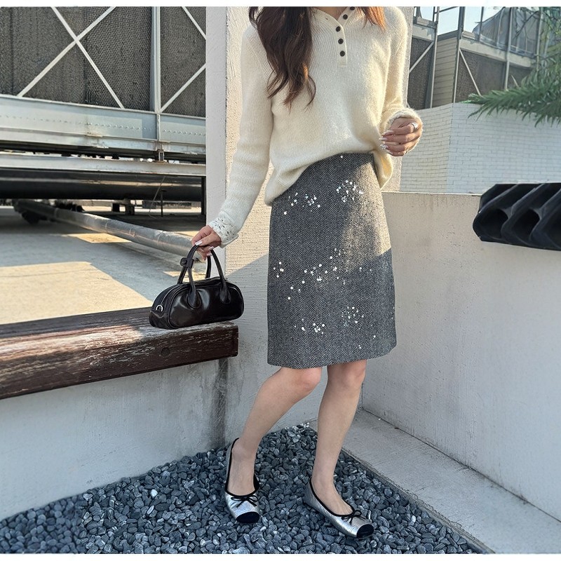 灰色羊毛呢半身裙小个子中裙2026新款春秋亮片超好看直筒五分裙子,女装/女士精品,半身裙,淘宝优惠券,粉丝福利购,淘宝优惠卷