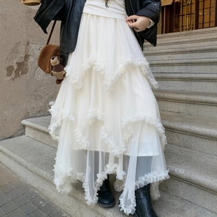 仙女超仙层叠木耳边网纱蛋糕裙子秋冬新款 不规则蓬蓬纱裙半身裙女