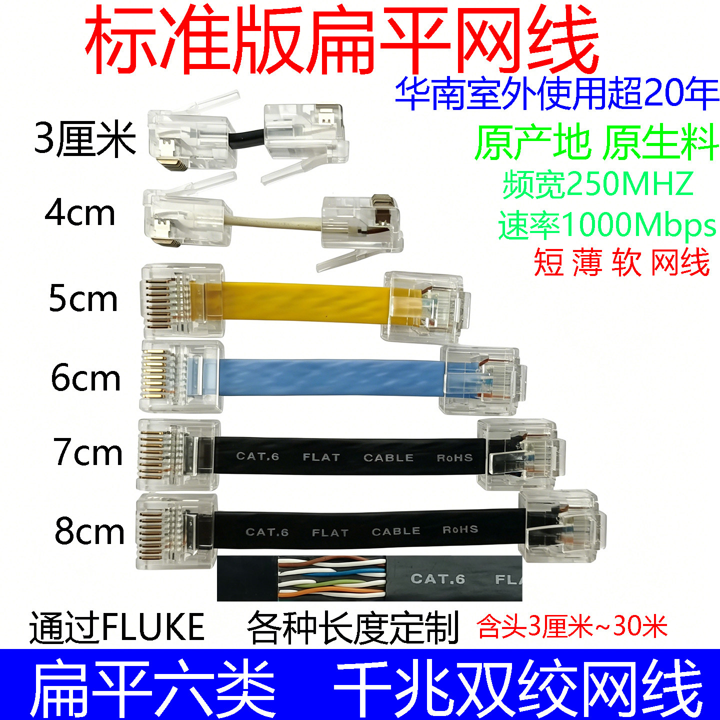 六类扁平网线软超短超薄cat6面条跳线路由器连接宽带猫5cm电视线