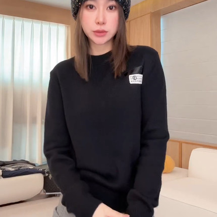 林肉肉【个性贴标毛衣】圆领套头内搭针织衫女秋冬宽松打底衫上衣