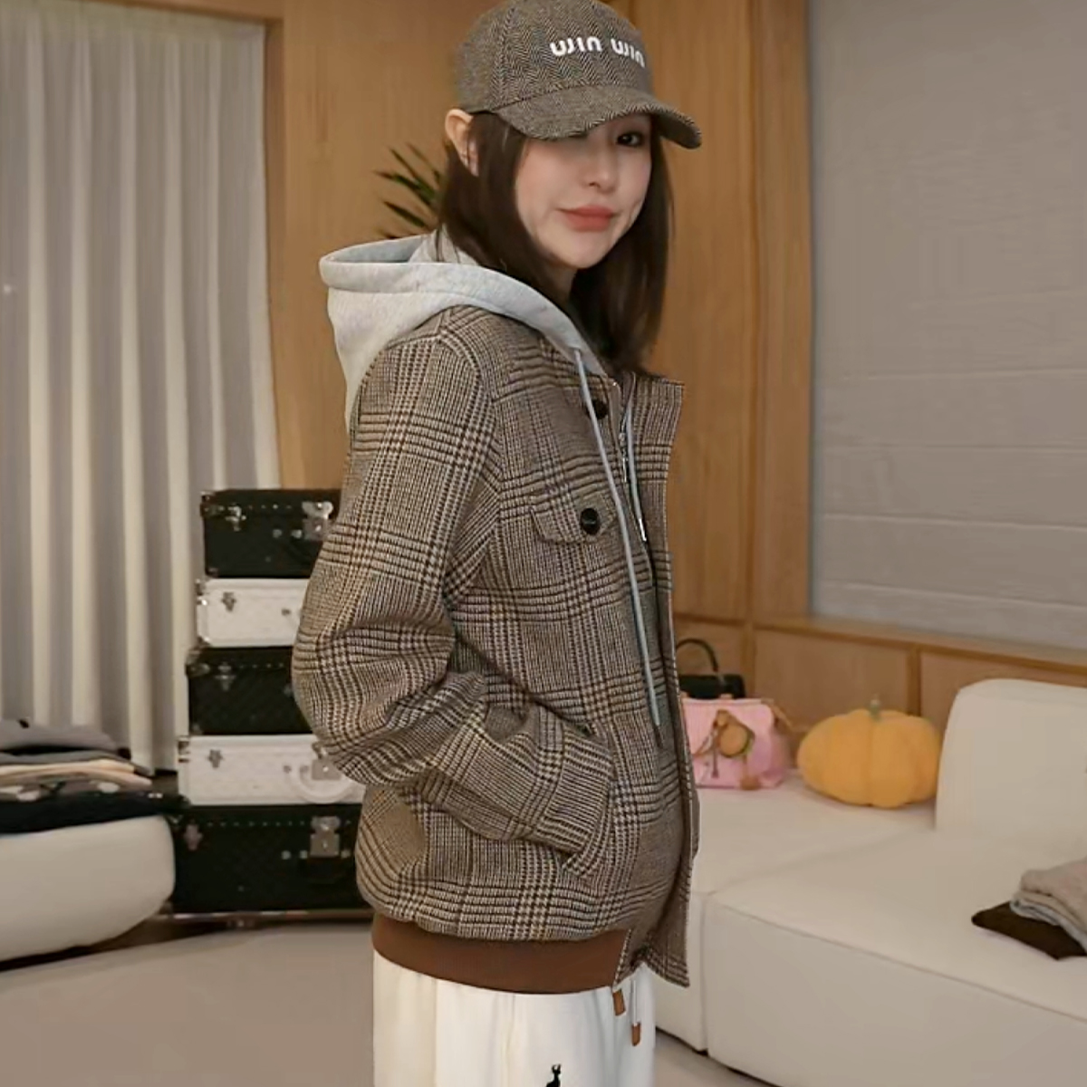 Lin林肉肉【千鸟格棒球服外套】休闲连帽女2025春秋新款GG23WT56