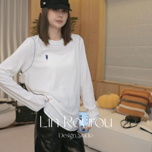 打底衫 纯色圆领套头T恤女早秋2025新款 鱼骨线刺绣长袖 林肉肉