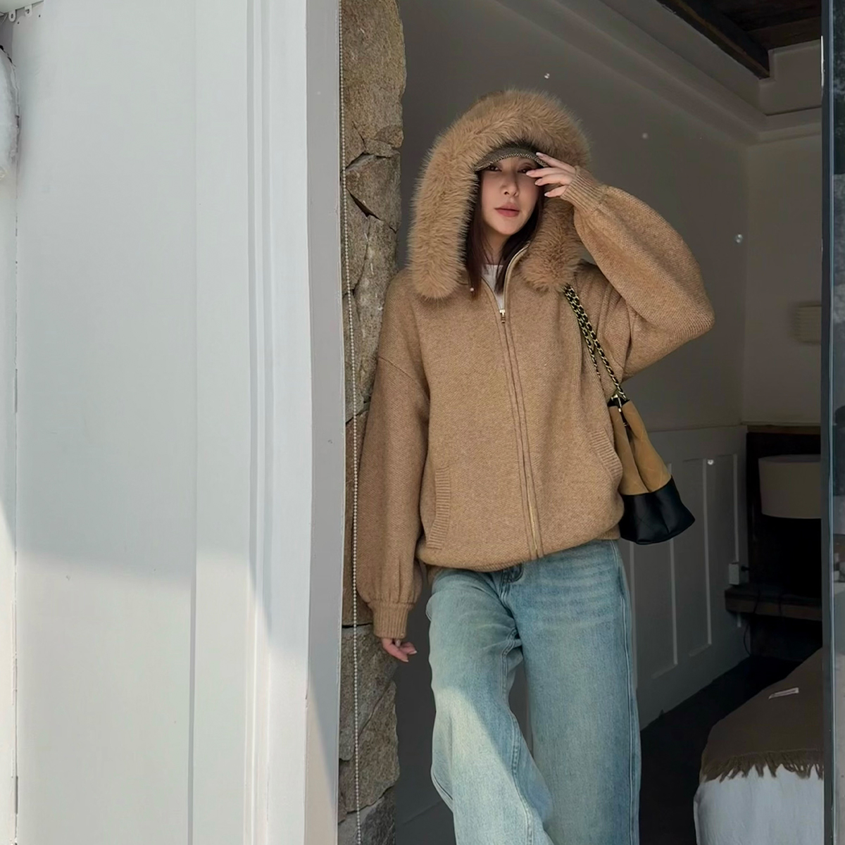 林肉肉【连帽毛领毛衣外套】