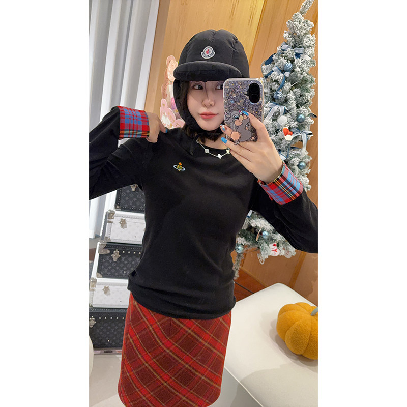 林肉肉【刺绣格子拼接长袖】圆领百搭T恤女2026春季新款DC4ZC0232,女装/女士精品,T恤,淘宝优惠券,粉丝福利购,淘宝优惠卷