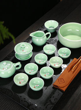 青瓷茶具套装盖碗龙泉壶鱼杯茶洗茶具套装红色彩鲤鱼青瓷茶具套装