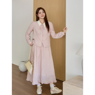 高端法式温柔风粉色套装女翻领衬衫半身长裙甜美减龄气质两件套仙