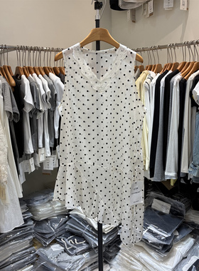 欧洲站2026年春季韩系减龄蕾丝拼接V领波点无袖背心连衣裙女6126