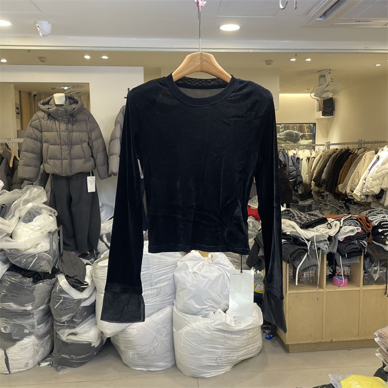 DUDU3800正版冬季韩版圆领袖口拼接设计显瘦丝绒T恤衫打底上衣女