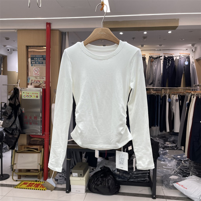 元熙6297正版2025冬季韩版垫肩圆领修身褶皱收腰加绒打底T恤衫女