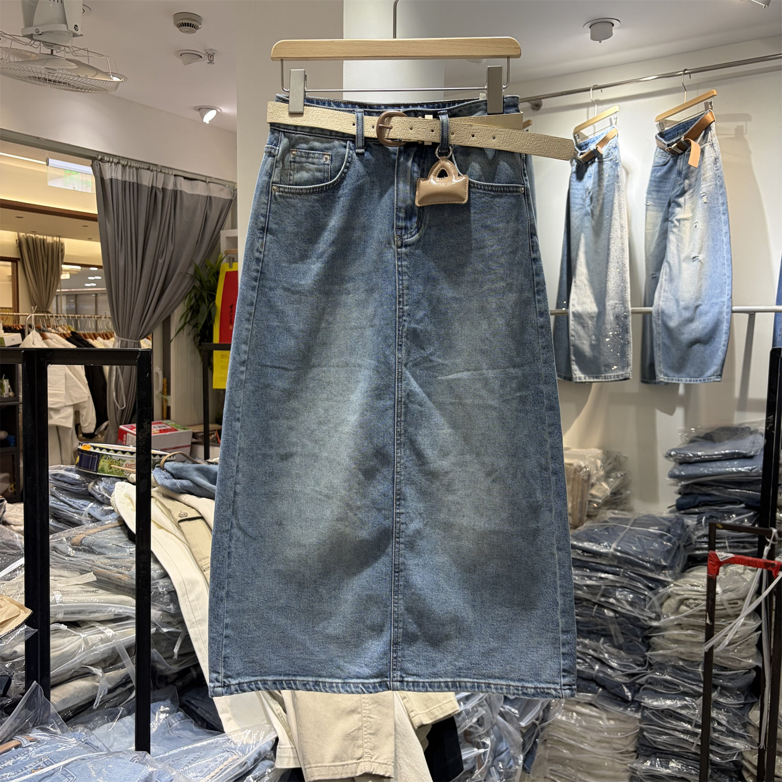 欧货3703正品复古做旧中长款牛仔半身裙女夏季高腰百搭后开叉长裙