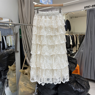 LALA8062正品春季韩系松紧腰显瘦中长款超好看蕾丝半身裙女蛋糕裙