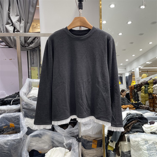 上衣女5937 宽松圆领拼接蕾丝边百搭加绒T恤衫 欧洲站2025冬季 韩版