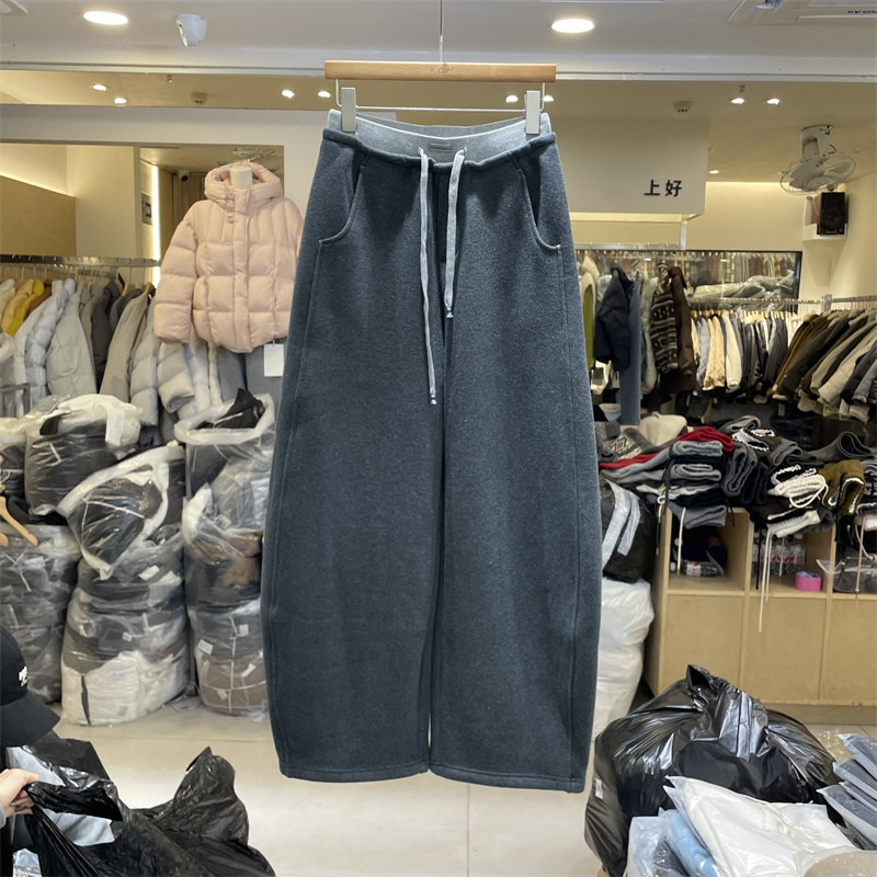 3R3正版冬季韩系拼色腰头裤脚可抽绳加绒加厚弯刀阔腿裤女9370-8