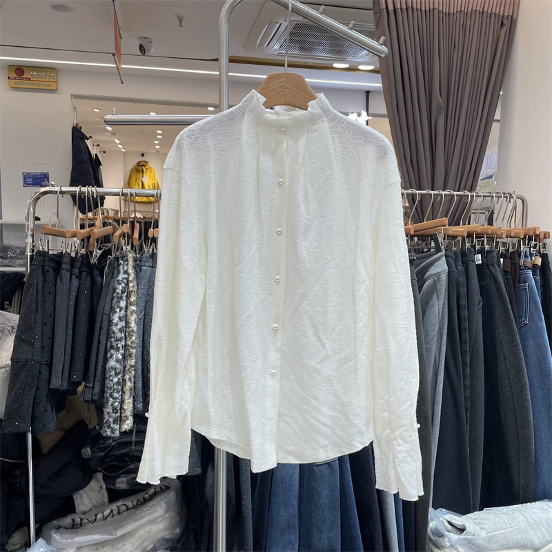 DX25S556正版冬韩系宽松时尚设计感褶皱半高领刺绣提花衬衣小衫女