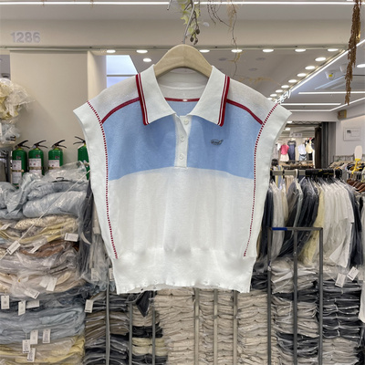 TUTU54968正品2025夏季韩系POLO领撞色短款无袖冰丝针织衫上衣女