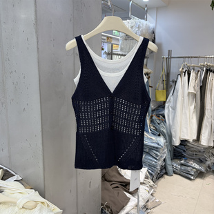 DTU55511正品春夏韩系时尚无袖背心+镂空针织衫马夹叠穿两件套女