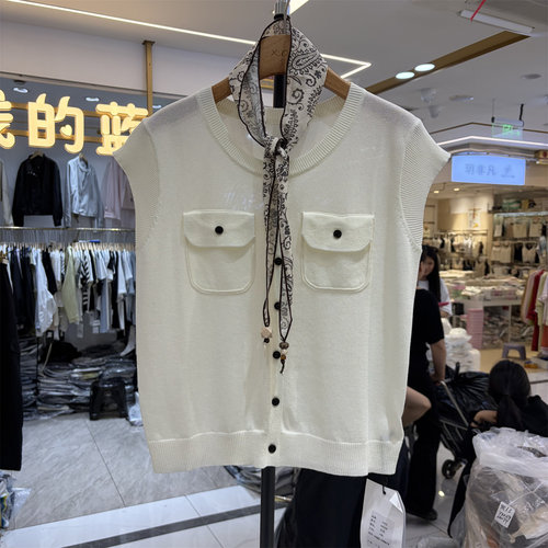 NICE奈斯88108正品夏季韩系圆领双口袋设计无袖针织开衫女配丝巾