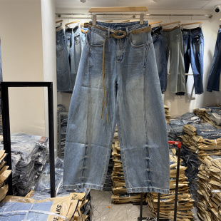 韩系高腰宽松显瘦百搭立体剪裁弯刀牛仔裤 新品 女 春季 欧货L096正品