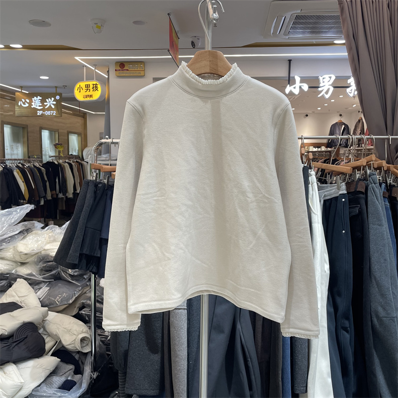 YZOY53271正品冬新款韩系时尚花边半高领百搭加绒长袖T恤打底衫女