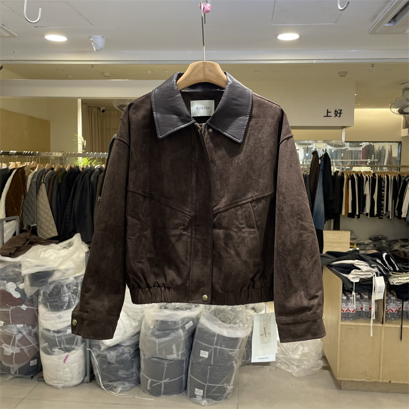 BU&FAN卓尔布凡55062秋冬韩版PU皮拼接翻领麂皮绒加厚外套夹克女