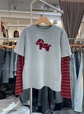 YHS91979正版早春韩系圆领植绒卡通马印花假两件长袖T恤衫上衣女