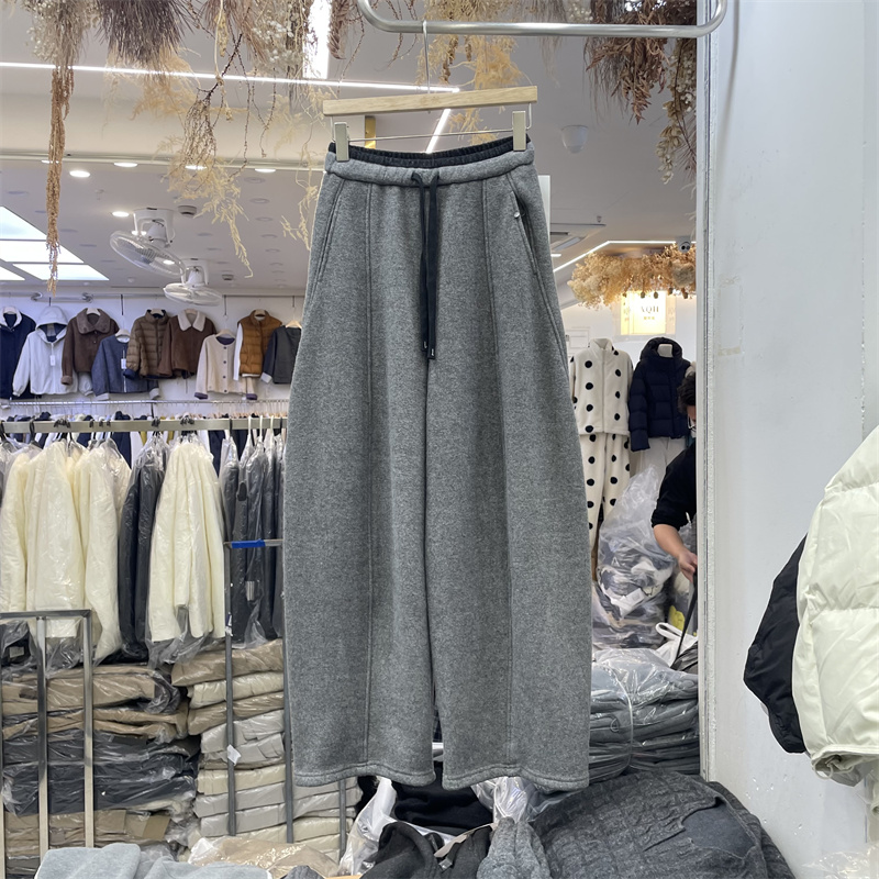 3R3正版冬季韩版拼接双色腰头抽绳加绒加厚休闲阔腿弯刀裤女66572