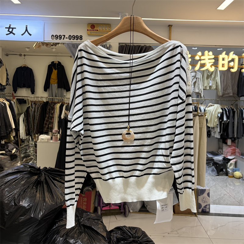 NICE88003正版春季韩系宽松时尚气质一字领露肩冰丝针织衫上衣女