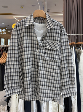 镱诺26167正品春季韩版宽松显瘦字母小背心长袖格子衬衫两件套女