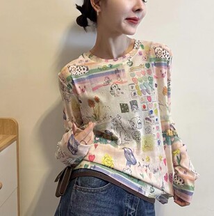 T恤衫 HMY31768正品 圆领显瘦百搭卡通印花长袖 韩版 防晒上衣女 春季