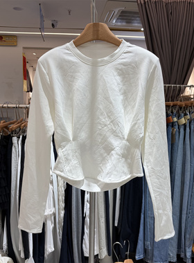 DX26B602正品春季韩系后背镂空褶皱收腰圆领长袖T恤衫短款上衣女
