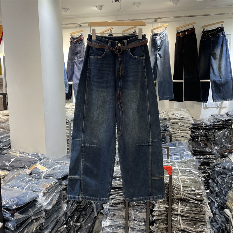 欧洲站2025秋冬韩系高腰宽松显瘦捏褶设计抓毛弯刀牛仔裤女72979