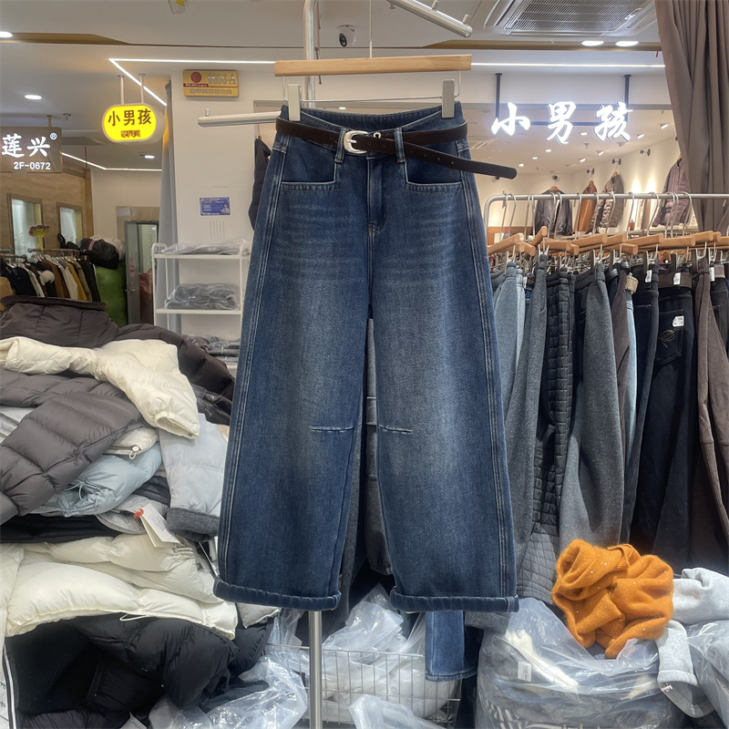 欧货C3848正版冬季韩系高腰显瘦宽松百搭复合绒加厚阔腿牛仔裤女