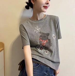 bf风休闲T恤衫 HMY31700正品 减龄卡通猫印花短袖 韩版 上衣女 春夏款