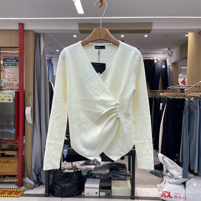 奈奈7751正版2025秋冬韩系设计感不规则交叉V领长袖针织衫上衣女