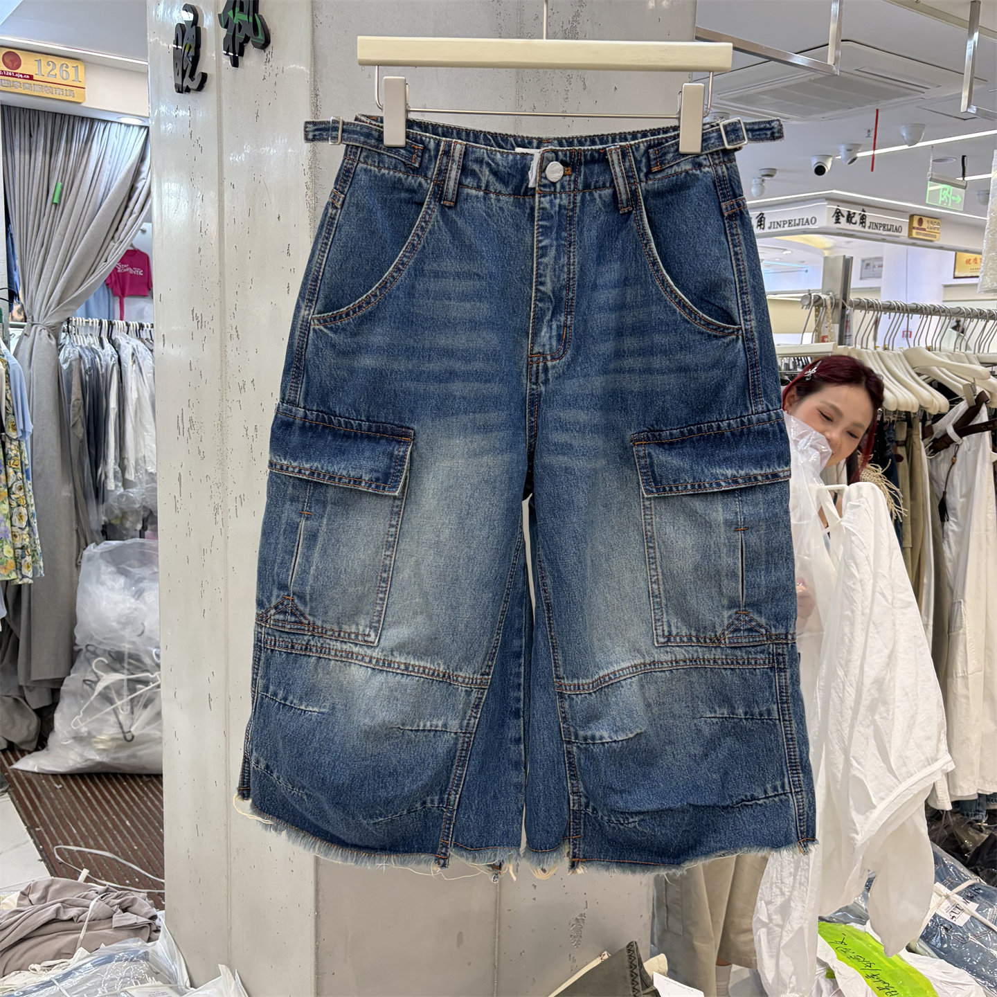SUOMALA索玛拉68325夏季高腰阔腿工装牛仔裤女显瘦裤脚毛边七分裤