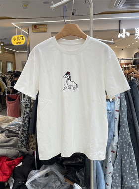 YHS91930正版早春韩系宽松圆领卡通刺绣显瘦百搭短袖T恤打底衫女