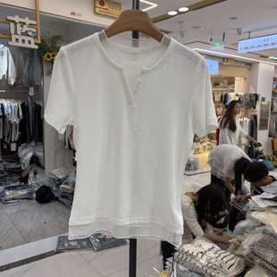 网纱拼接剪刀领百搭短袖 3R3正版 春夏韩版 时尚 上衣女9Z11888 T恤衫