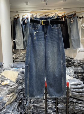 欧货73027正版冬季韩版高腰宽松显瘦磨破设计复合绒弯刀牛仔裤女