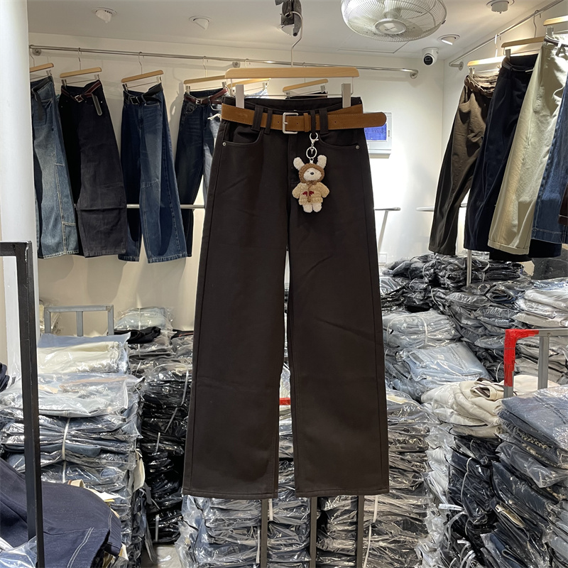 欧洲站2025冬季韩系洋气挂件复合厚绒高腰显瘦直筒牛仔裤女F3465