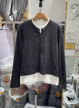 HMY31270冬季韩版宽松圆领拼接假两件设计感显瘦套头T恤衫上衣女