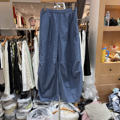 欧洲站2026夏季抽绳松紧腰显瘦裤脚可收口褶皱工装裤女休闲裤5903