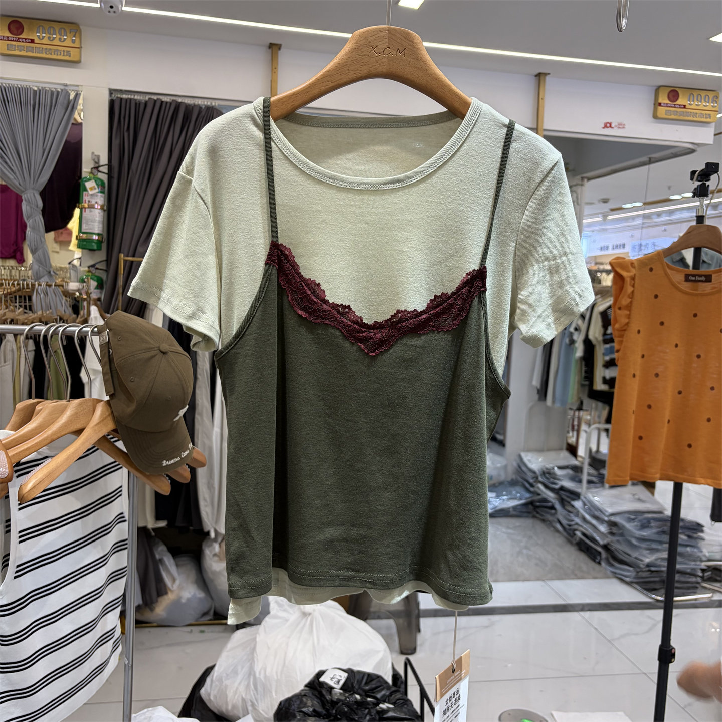 JIN.XI今喜06360正版夏季韩系圆领拼接吊带假两件短袖T恤衫上衣女