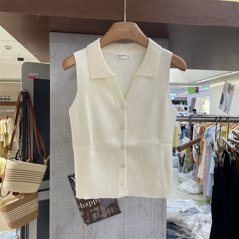 欧洲站2025夏新品韩版POLO领单排扣修身冰丝针织衫无袖背心女9085