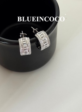 Blueincoco T方耳环S925纯银满镶嵌锆石耳钉气质小众简约耳饰耳圈