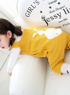 男女宝宝背带裤针织纯棉婴儿春秋加绒厚01-2岁连体毛线大PP裤开档