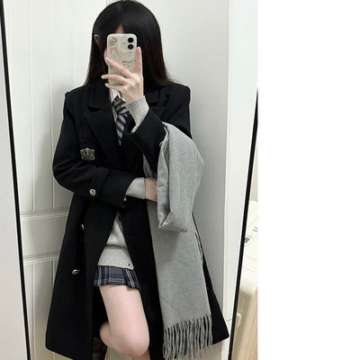 学院风双面羊绒大衣女藏青色